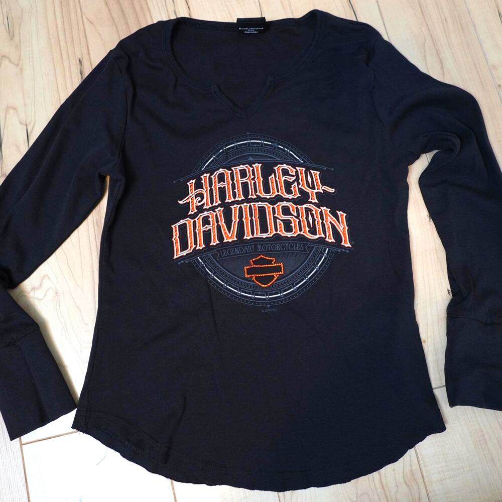 Harley Davidson long sleeve top y2k biker baby tee rhinestone black M